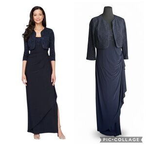 Alex Evenings 14 Maxi Dress Mother Of The Bride Two-Piece Gown Jacket Navy NWT